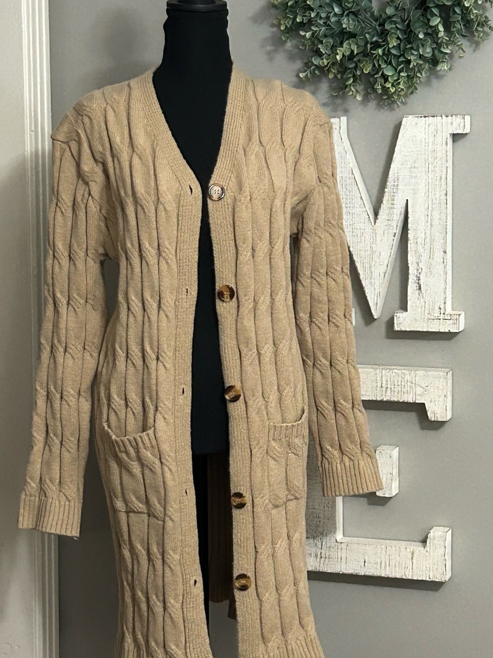Beige Cable-Knit Long Cardigan Sweater - Women